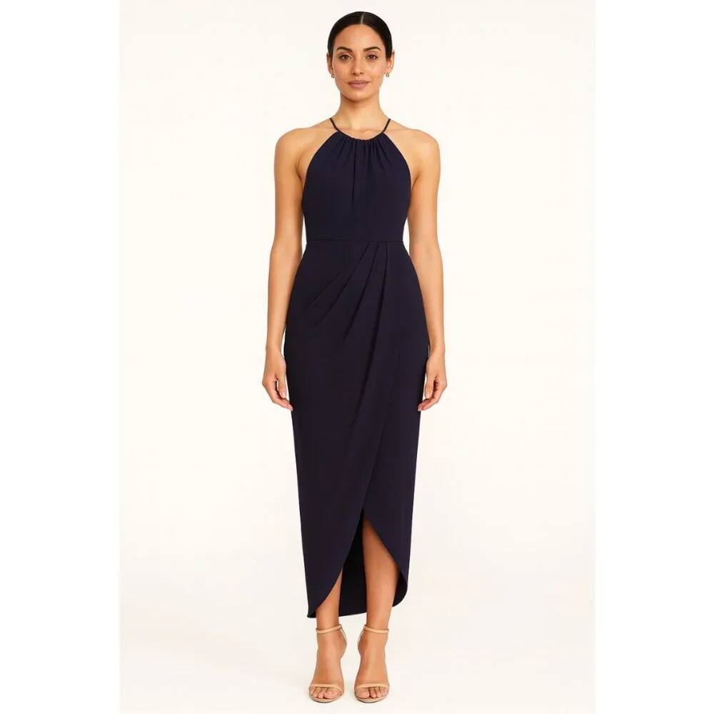 NWT Shona Joy High Neck Ruched Draped Maxi Dress Navy Blue